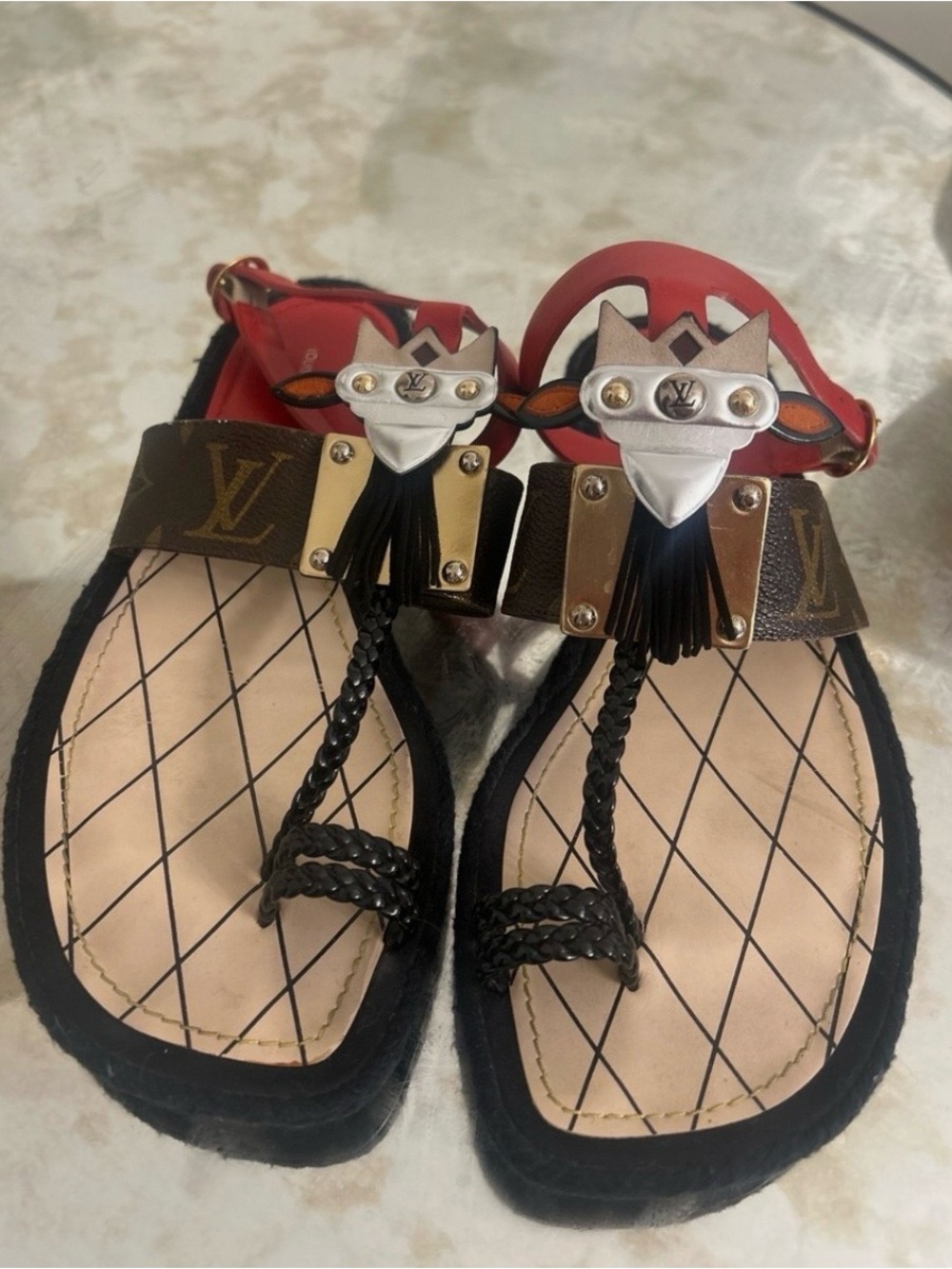 Louis Vuitton Red, Brown & Black Monogram Tassel Sandals